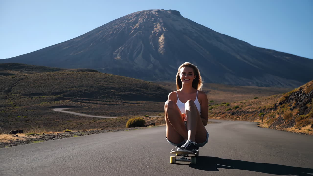 Woman on a skateboard in front of a mountain