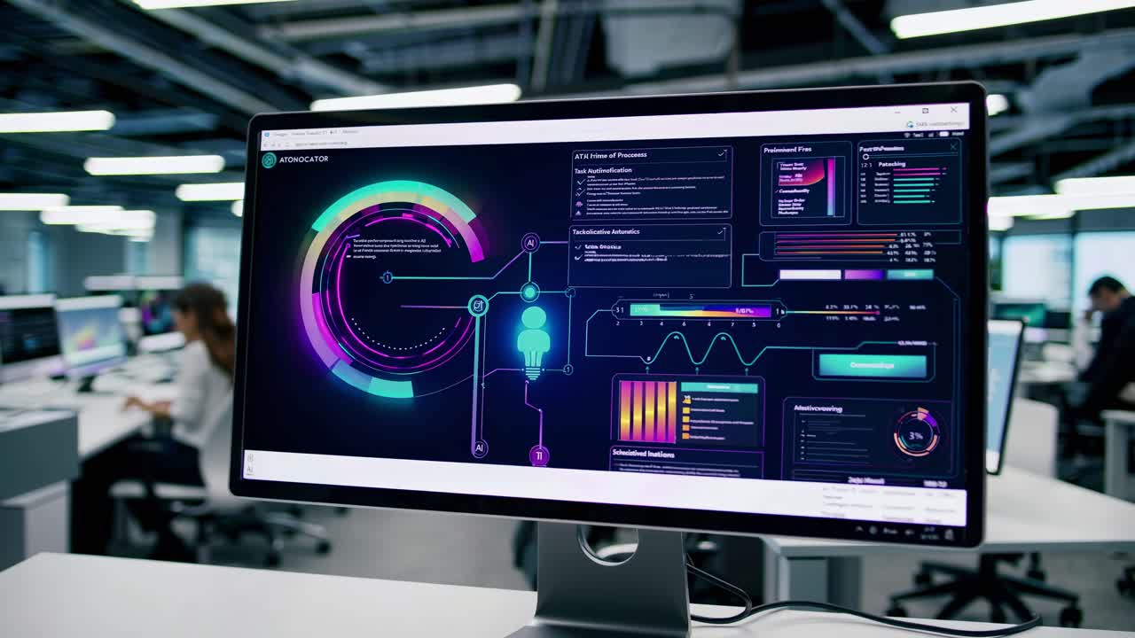 Wide-angle shot of a modern office with employees at desks, focused on data analytics on screens