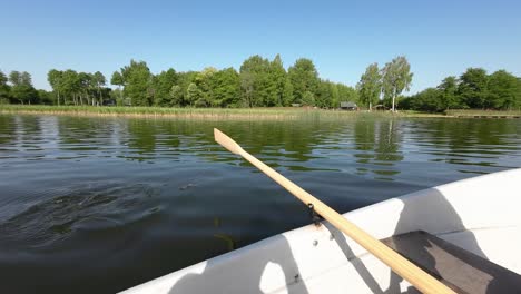 shot of paddle paddling the boat in the lake near shore in sunny summers day