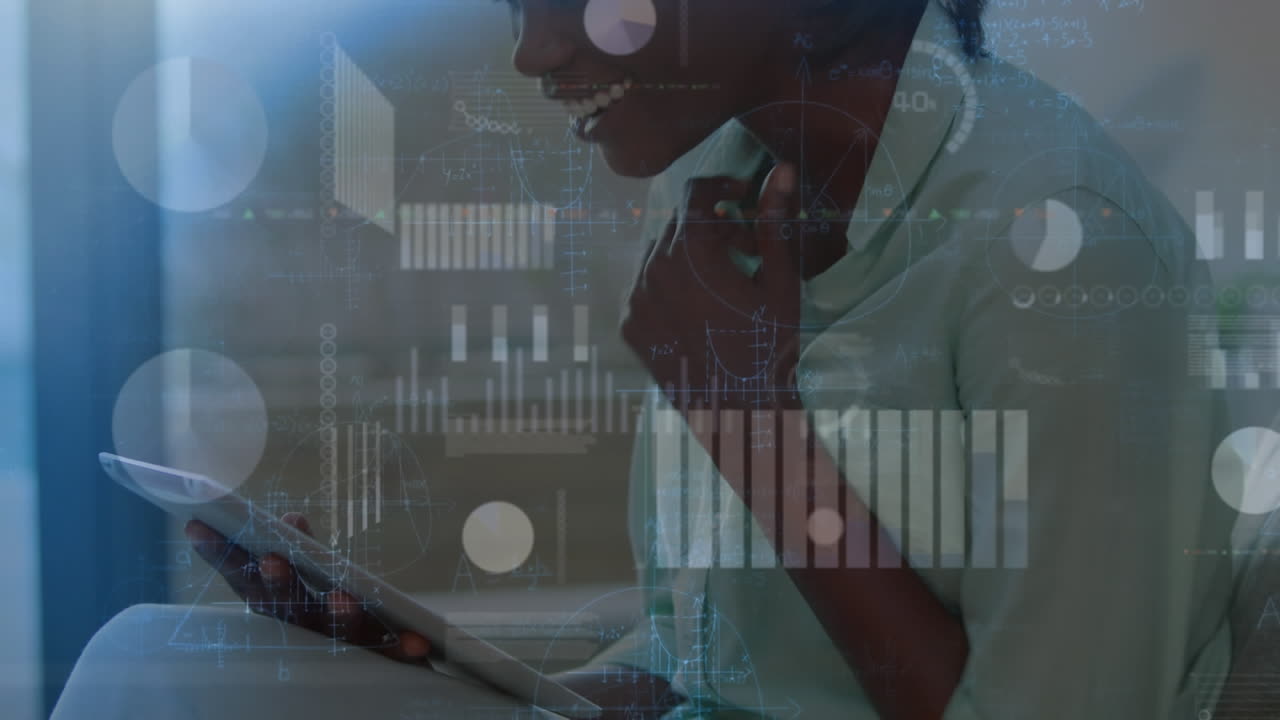 Animation of graphs, lens flares, trading board, smiling african american woman using digital tablet