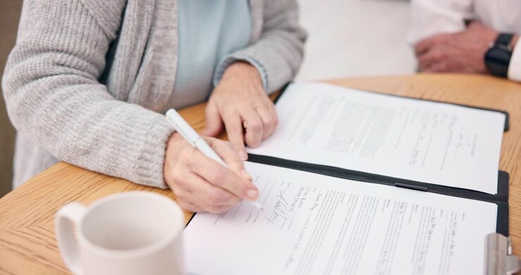 Senior Woman Signing Legal Document at Table
