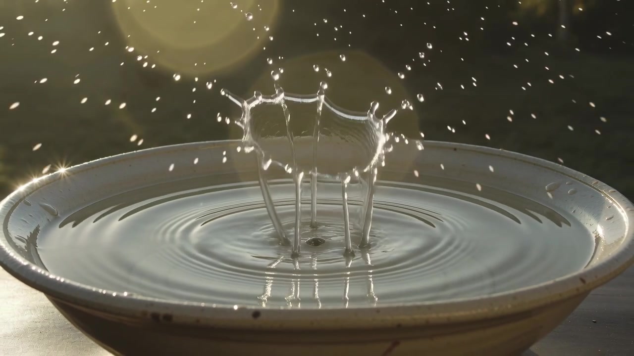 Goccia che cade innesca uno splash a corona in una ciotola di ceramica poco profonda su un tavolo per uno studio, bokeh in controluce