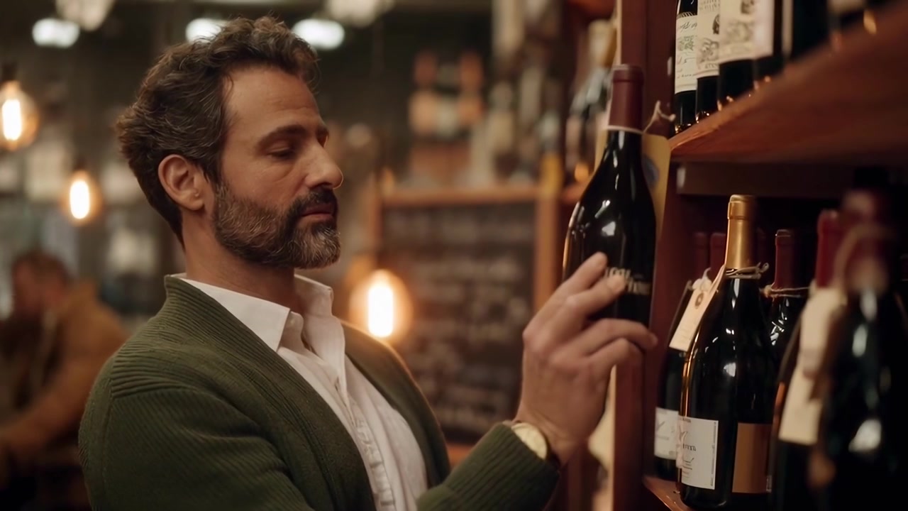 Thoughtful Man Choosing a Bottle of Wine in a Shop