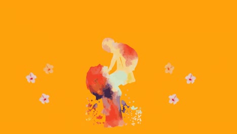 Animation-Von-Blumen,-Die-Sich-In-Hypnotischer-Bewegung-Auf-Orangefarbenem-Hintergrund-Bewegen
