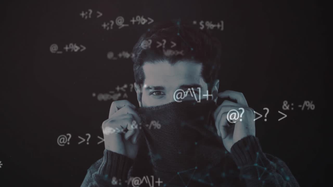 símbolos matemáticos contra el hombre cubriendo su rostro