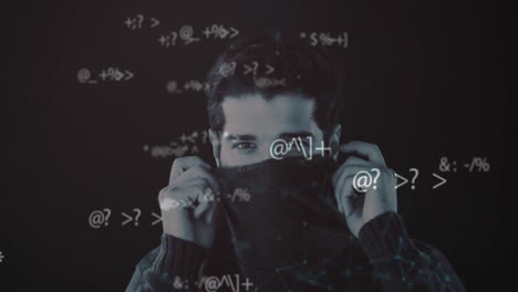 mathematical symbols against man covering his face