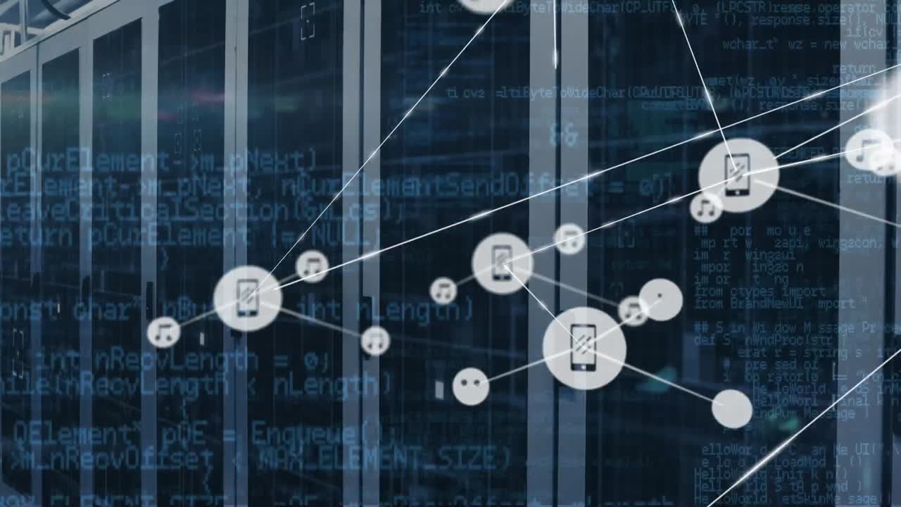 Animation of connected icons over computer language against server room in background