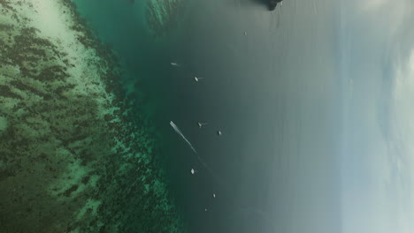 Aerial view of boats in tropical clear water with coral reef