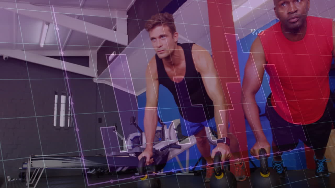 Workout partners performing kettlebell push-ups in fitness studio, with animated strength chart