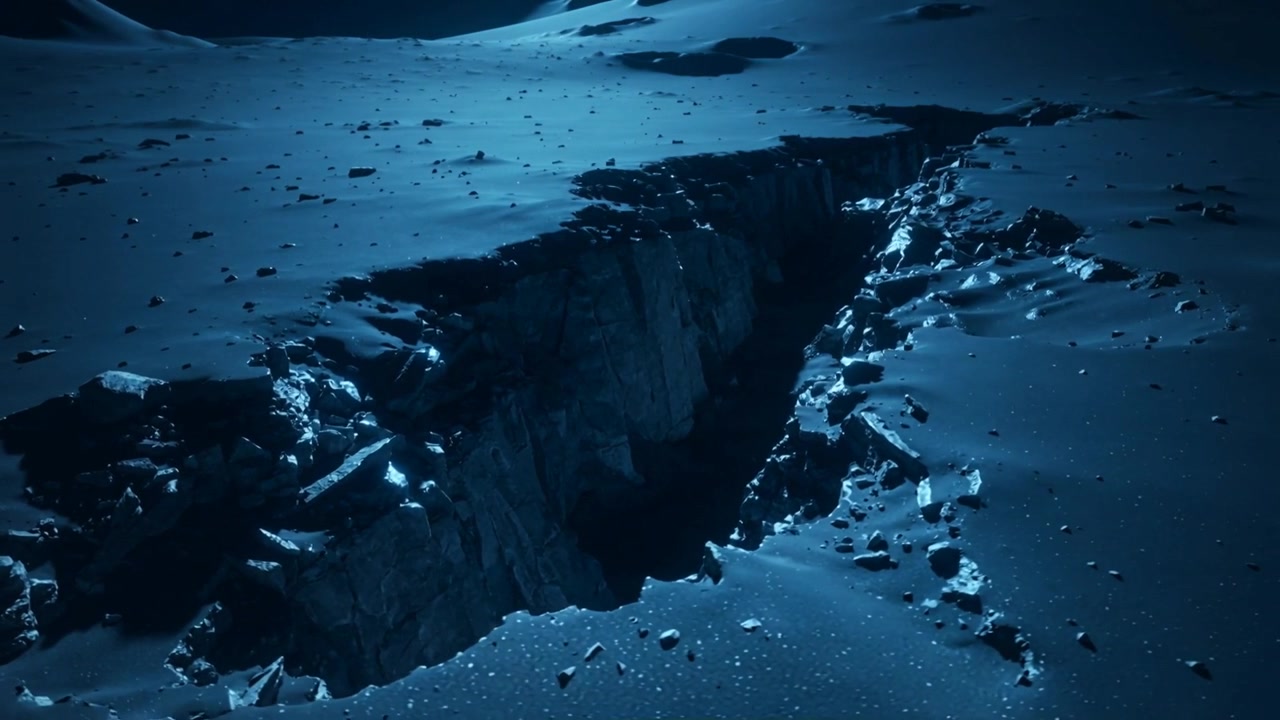 Slow forward push moving oblique camera revealing deep jagged fissure on plain highlighting depth