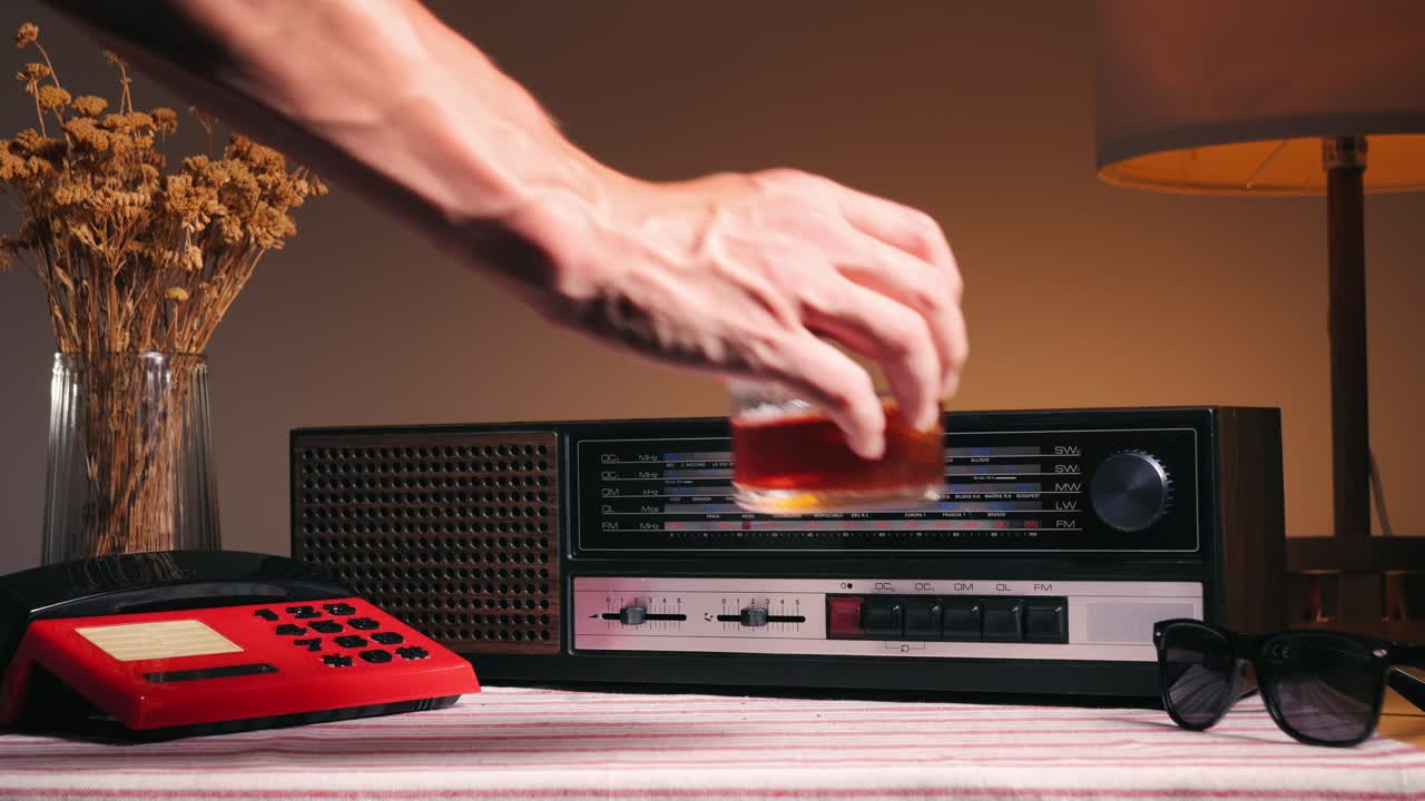 Vintage Retro Scene with Radio, Phone, and Drink