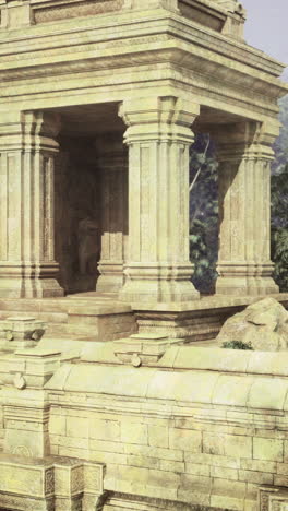 ancient temple structure overlooking serene landscape with lush trees