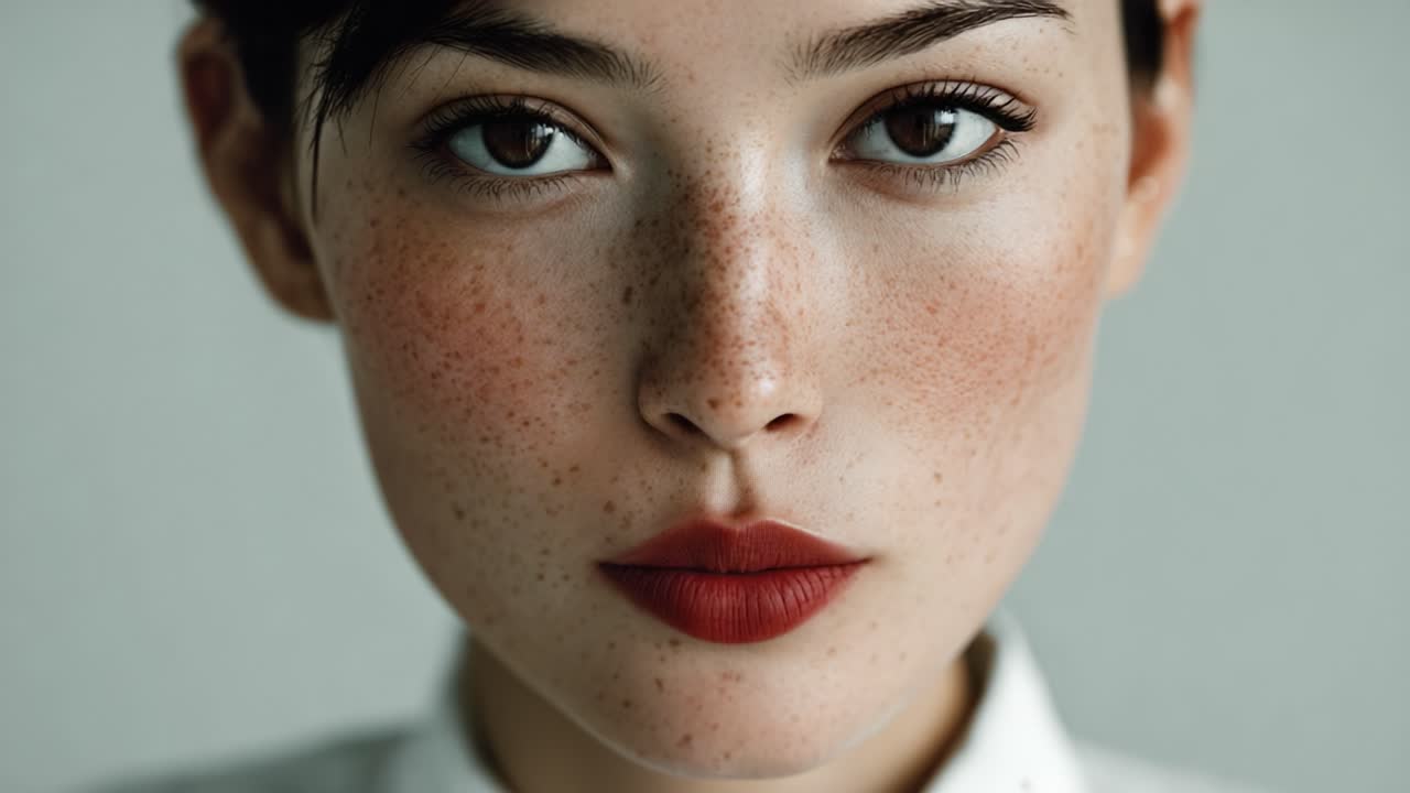 Captivating Close-Up Portrait of a Young Woman with Freckles and Distinctive Lips, Showcasing Natural Beauty in a Neutral Tone Background