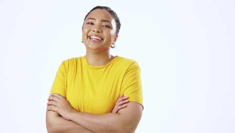 Woman,-face-and-happiness-of-a-person-on-isolated