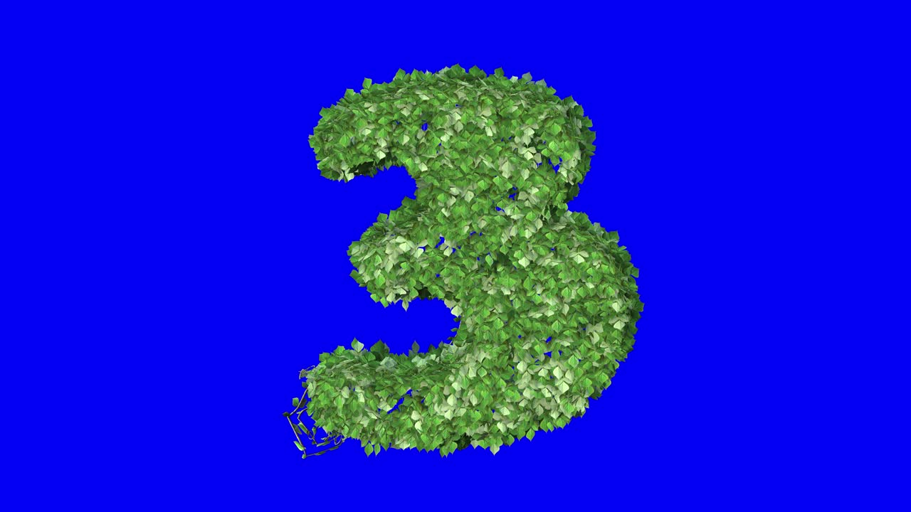 Foglie 3D che Formano il Numero 3 con Effetto Vento su Schermo Blu, Animazione 3D