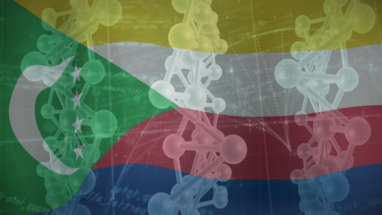In un loop, la bandiera delle Comore e catene di DNA ondeggiano, variando l'opacità, collegando scienza e nazione.
