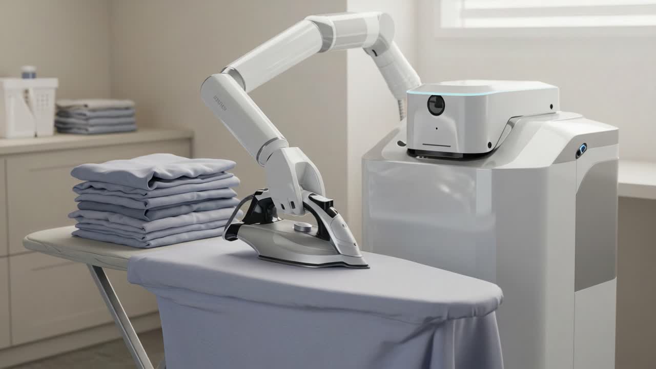 Advanced Domestic Robot with Ironing Arm Efficiently Presses Clothes in Modern Laundry Room, Demonstrating Automation in Household Chores and Smart Home Technology
