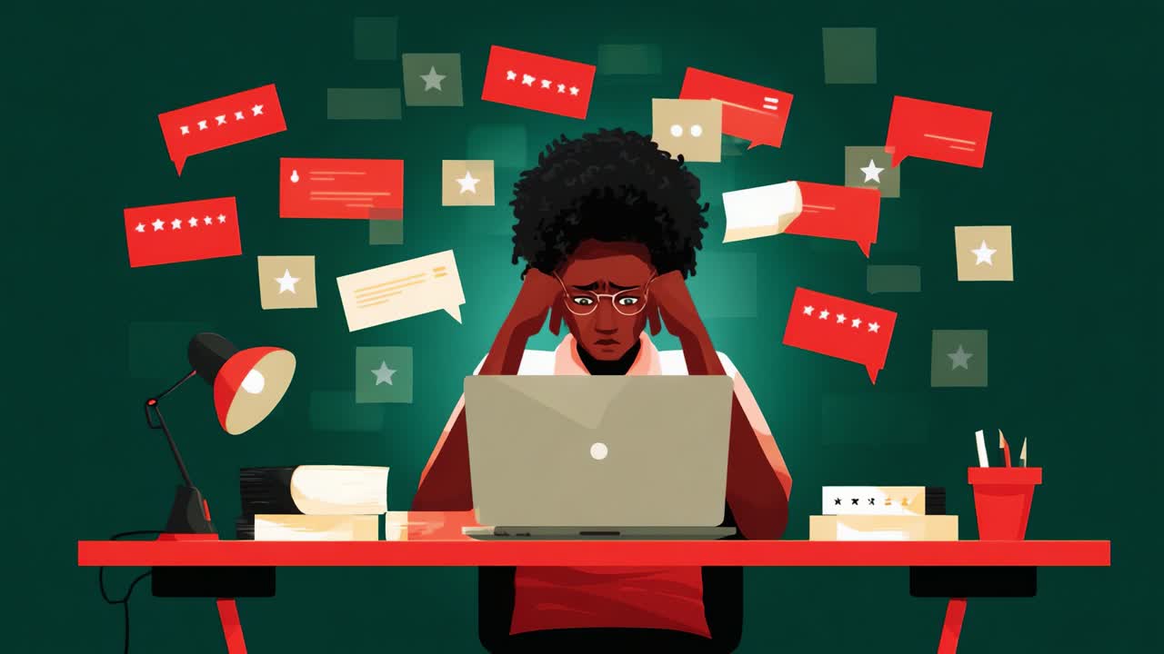 A frustrated individual struggles with overwhelming feedback and notifications while working on a laptop, illustrating the challenges of digital communication and information overload in today's fast-paced world