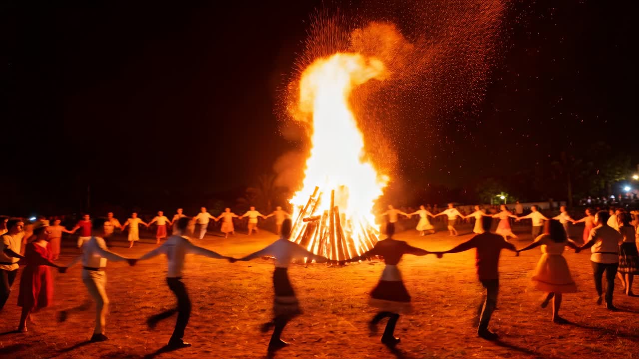 Kredsende festdeltagere i festligt tøj med samlede hænder, der går rundt om et bål, der brænder til et ritual.