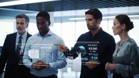 a group of professionals analyzing digital data on interactive displays in a high-tech office environment, demonstrating collaboration and innovation