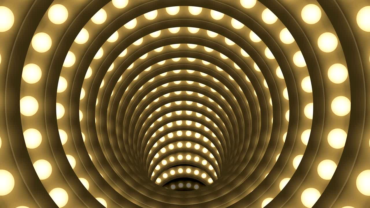 caja de bombilla incandescente de túnel forma de círculo patrón móvil, estilo retro 3d ilustración de estilo virtual brillo en fondo oscuro animación de bucle sin costuras 4k, con espacio de copia