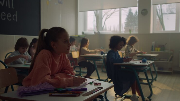 Schoolboys and schoolgirls studying in school room. Pupils sitting at desks