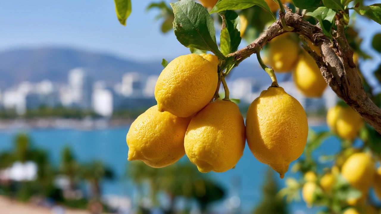 Limoni gialli vivaci appesi a un ramo con uno sfondo sereno che si affaccia su uno specchio d'acqua calmo e una lussureggiante vegetazione circostante