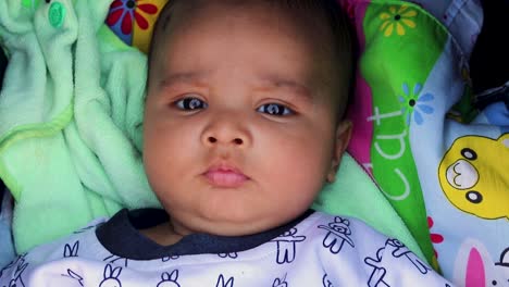 cute baby boy playing at stroller seat from flat angle