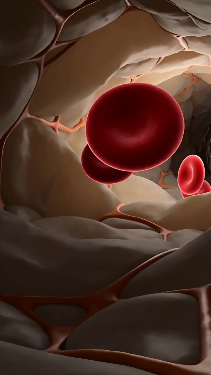 Video verticale: Flusso di plasma che spinge un globulo rosso biconcavo che fluttua attraverso il lume del vaso, con giunture arancioni.