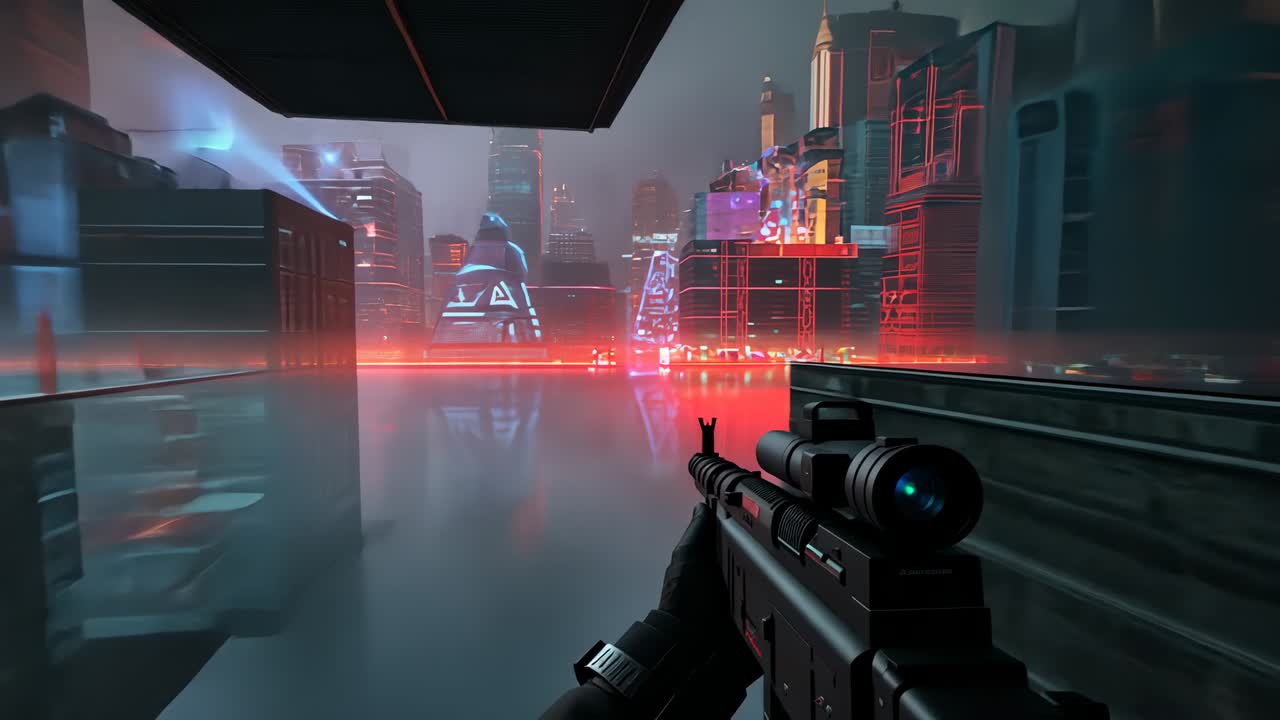 Player approaching red laser fence, raising scoped rifle and confronting guard in wet walkway