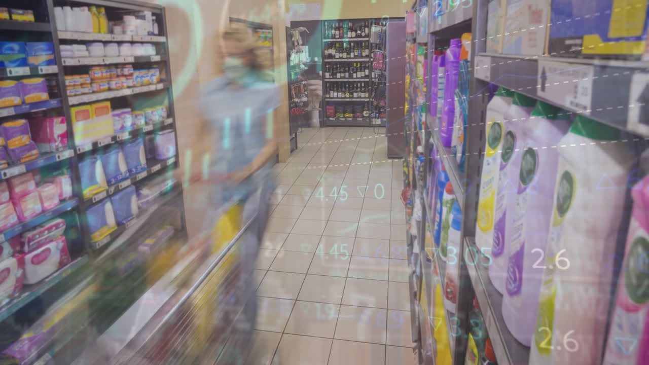 가게에서 백인 여성에 대한 데이터 처리 애니메이션