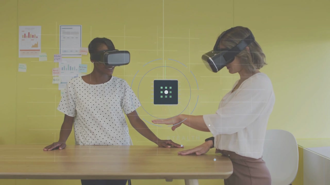 Testing colleagues in work attire gesturing over wooden table in office nook, with VR headsets, HUD