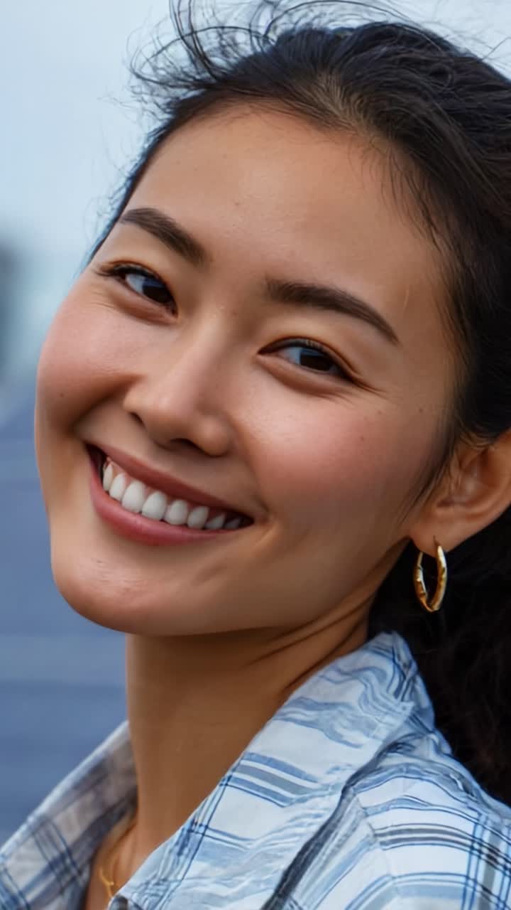 Captured in a Moment of Joy, This Young Woman Shows a Bright Smile Against a Modern Urban Background, Highlighting Happiness and Positivity in a Beautiful Outdoor Setting