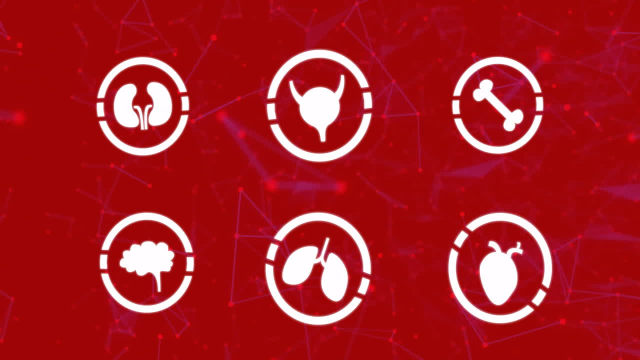 빨간색 배경에 연결 네트워크를 통해 의료 아이콘의 애니메이션