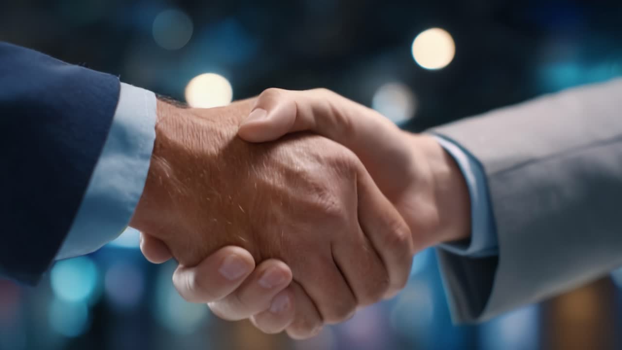 A Firm Handshake Signifying Partnership and Cooperation Between Two Professionals in a Corporate Environment with a Blurred Background