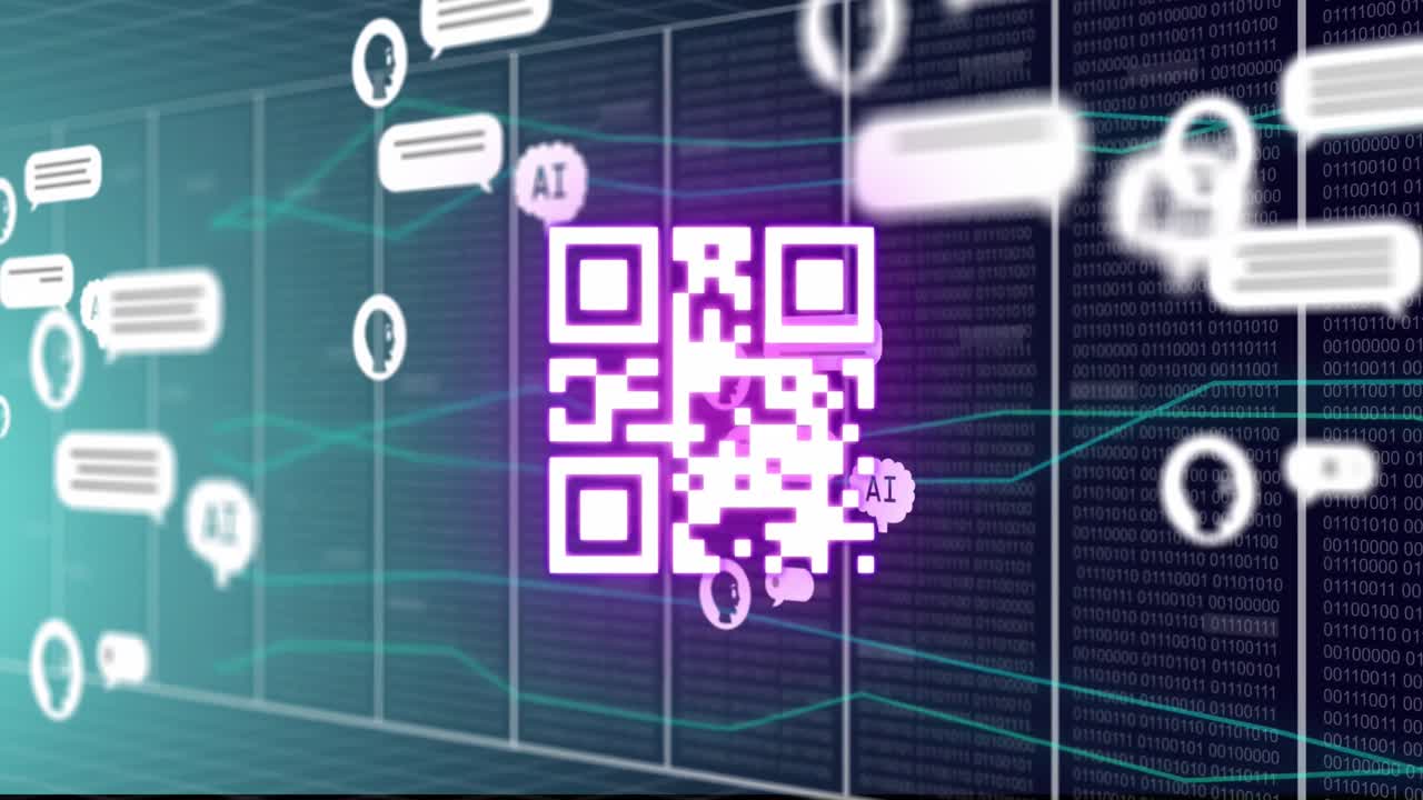 Animation of ai data processing, chat and icons over qr code