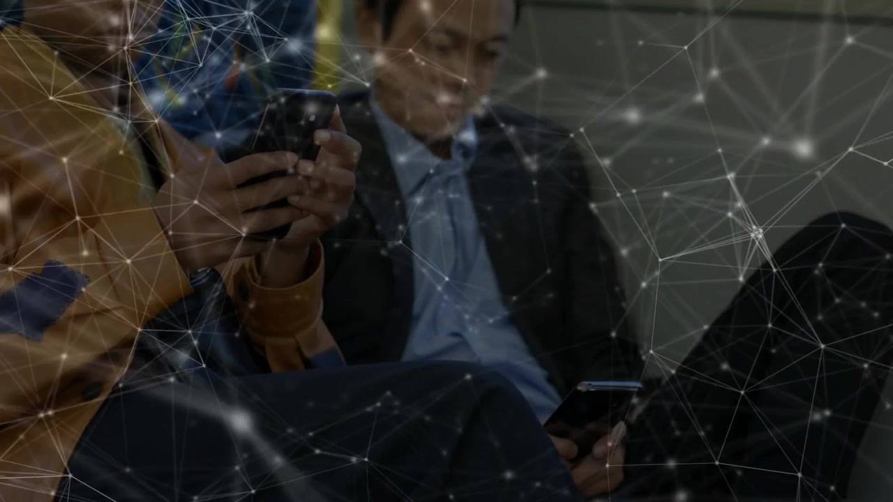 Suited man and tan-jacket woman tapping phones during commute causing network response over nodes