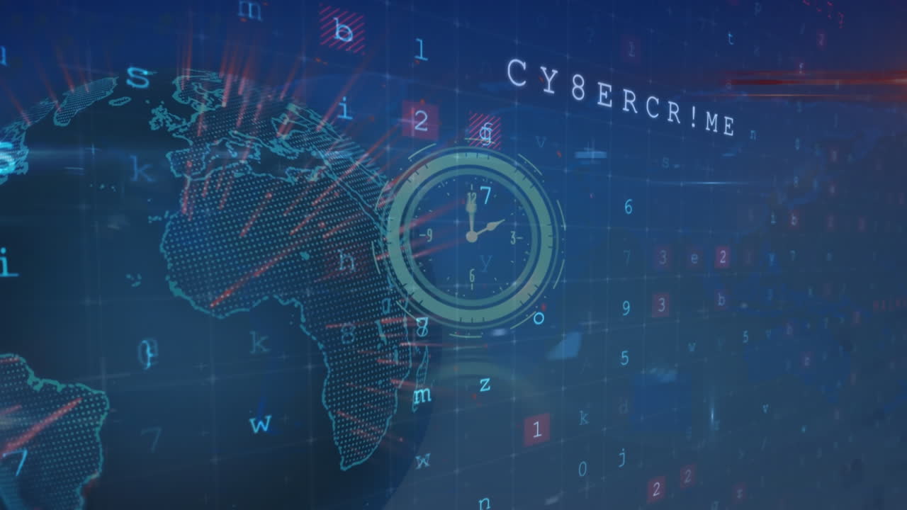 Digital clock ticking and cyber security data processing over spinning globe against blue background