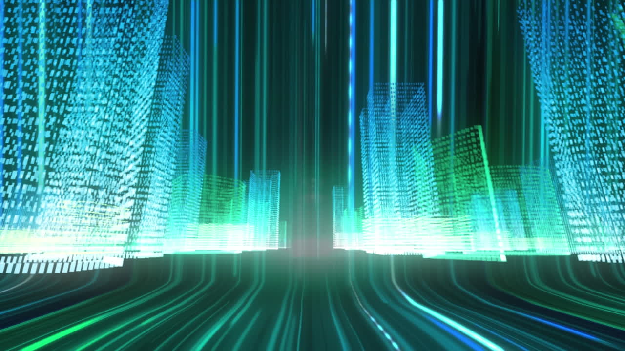 검은 바탕에 떨어지는 네온 트레일과 디지털 도시의 애니메이션