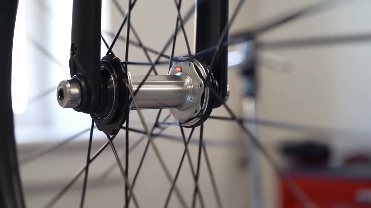 Primo piano all'altezza degli occhi del mozzo anteriore e dell'asse di una bicicletta fissati nei forcellini della forcella all'interno di un'officina al coperto, il mozzo in metallo lucidato rimane nitido mentre i sottili raggi in acciaio