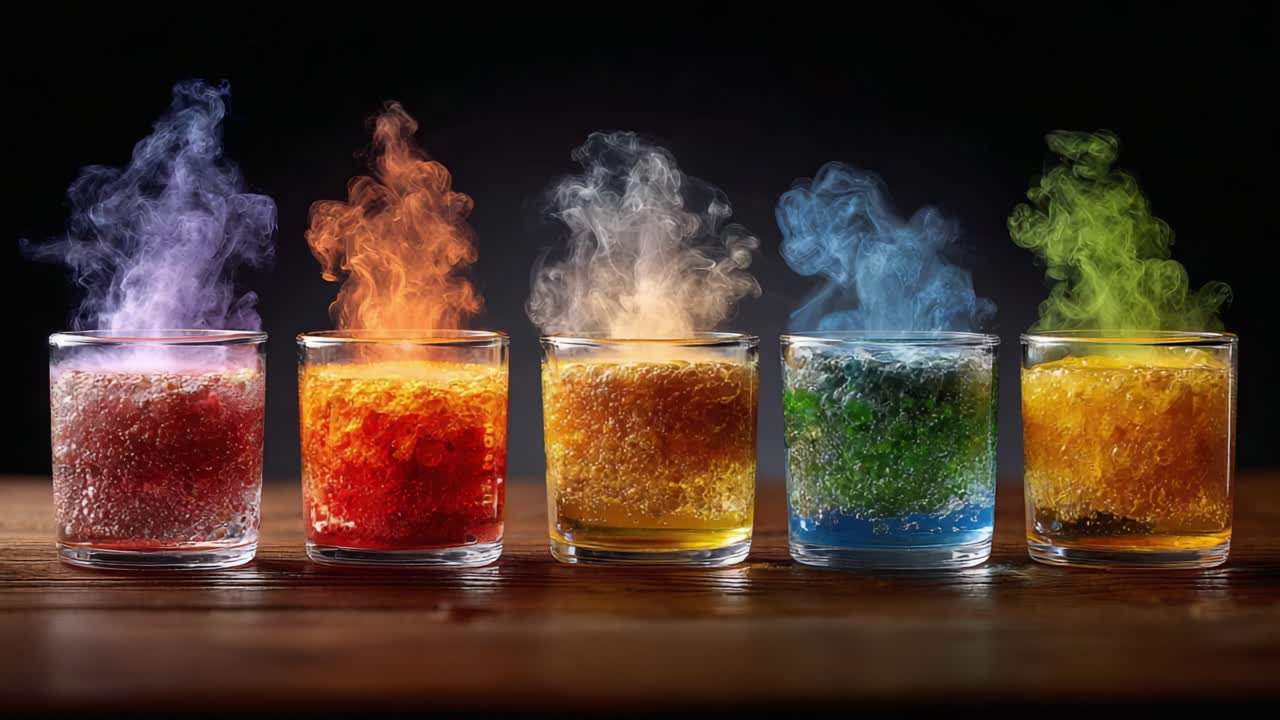 En livlig fremvisning af farverige drikkevarer med lette dampskyer, der skaber en fortryllende visuel oplevelse af brusende og aromatiske drikke i forskellige nuancer
