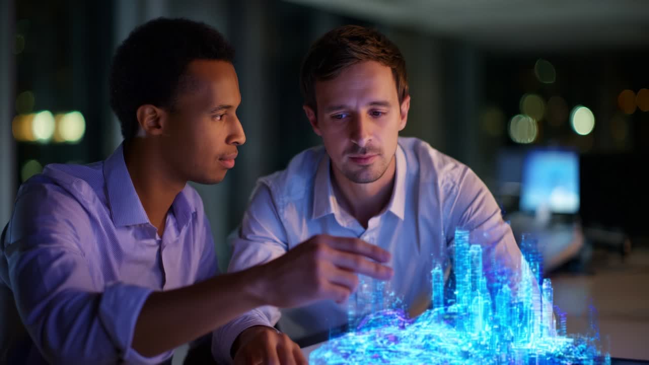Engaging Collaboration between Two Professionals in a Modern Workspace, Analyzing a Futuristic, Holographic Cityscape Project Represented Through Advanced Technology and Innovation