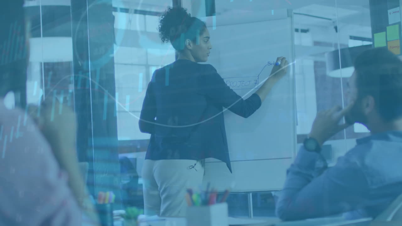 Animation of financial data processing over diverse business people in office