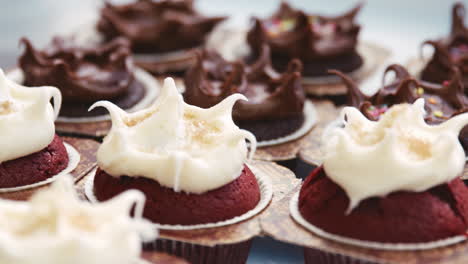 Close-up-of-frosted-chocolate-and-red-velvet-muffins