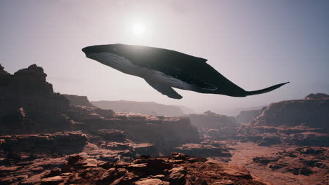 a whale flying over a desert canyon