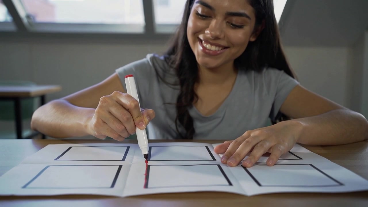 Mujer con camiseta colocando papel, sujetando un rotulador y dibujando una línea vertical en una cuadrícula de 3x3 en un escritorio, planificando.