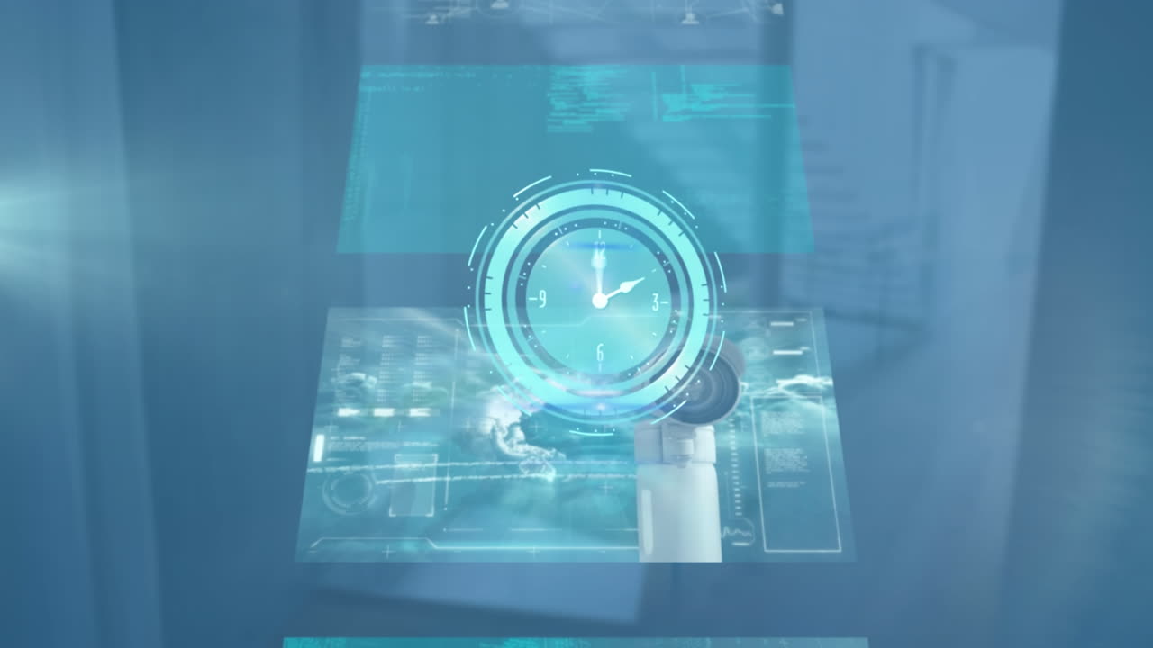 움직이는 시계의 애니메이션과 배경의 화면에서 다양한 데이터 처리