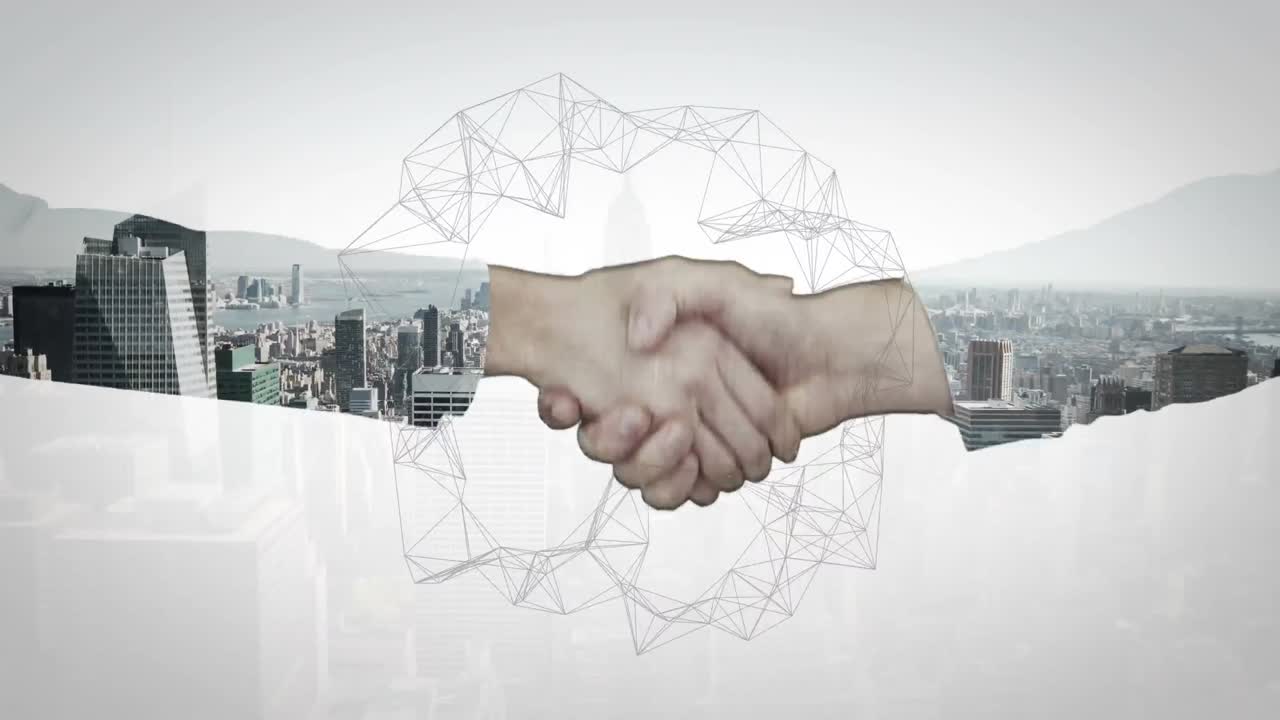 animación del globo de las conexiones sobre el apretón de manos del hombre de negocios