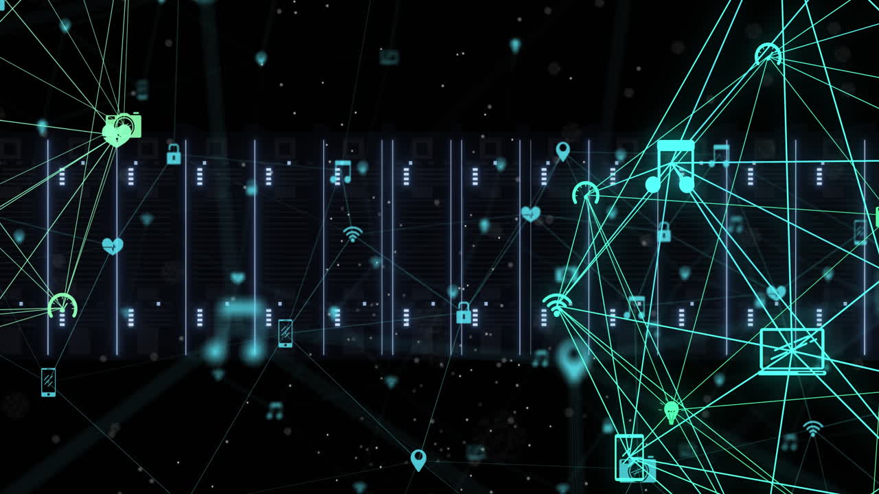 Animation of networks of connections with icons over computer servers