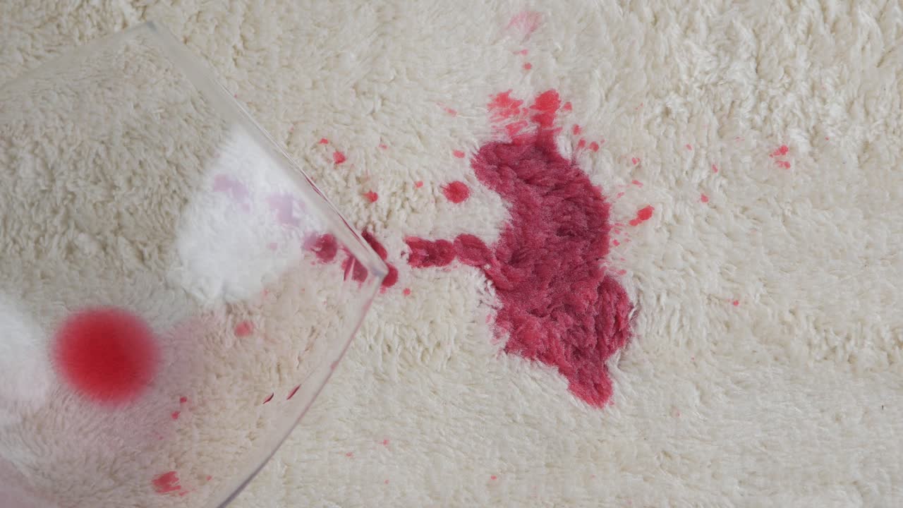 Liquido rosso che si rovescia da un bicchiere su un tappeto bianco